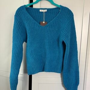 NWT Bright Teal V-Neck Textured Knit Sweater